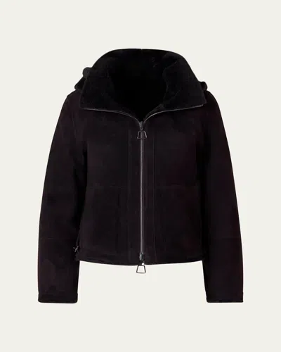 Akris Dino Reversible Lamb Shearling Zip Jacket With Detachable Hood In Brown