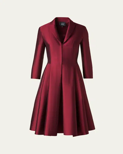 Akris Dupion Three-quarter Sleeve Pleated Cocktail Dress In Ruby