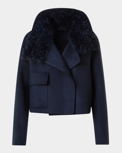 Akris Edena Cashmere Short Jacket With Detachable Shearling Goat Collar In Blue
