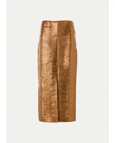 Akris Embroidered Lame Nappa Leather Midi Pencil Skirt In Gold