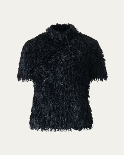 Akris Faux-feather Fringe Short Sleeve Blouse In Black
