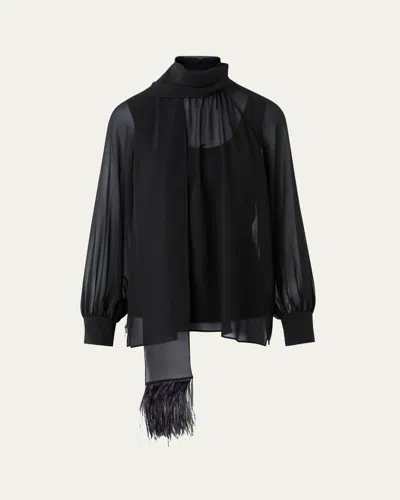 Akris Feather-trim Scarf Silk Georgette Blouse In Black
