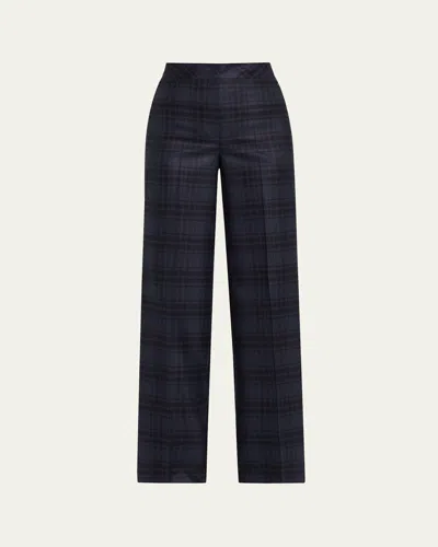 Akris Fior Check Wool Flannel Wide-leg Trousers In Denim Black