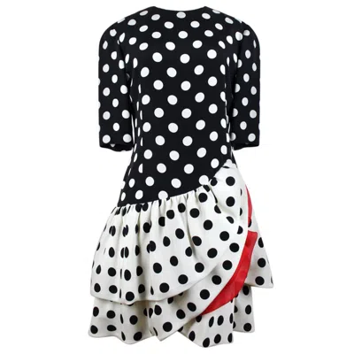 Pre-owned Akris Flamenco-inspired Black / Creme-white Polka Dot Flounced Silk Dress, 1980s