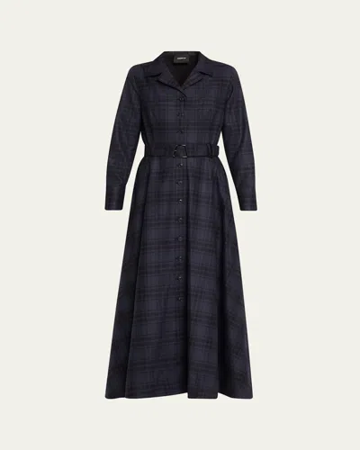 Akris Flannel Plaid Belted Long-sleeve Maxi Shirtdress In Gray