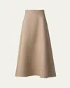 Akris Flared Raffia Leather Trim Midi Skirt In Cuoio