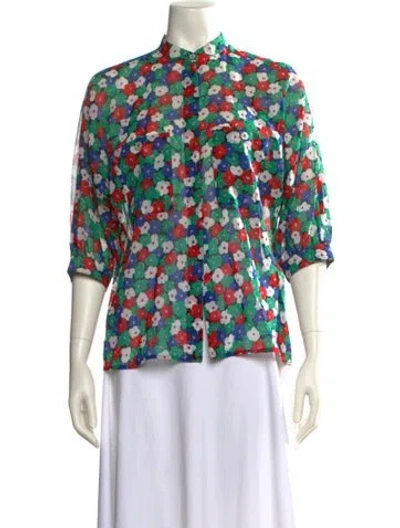 Pre-owned Akris Floral Print Mock Neck Blouse In Green