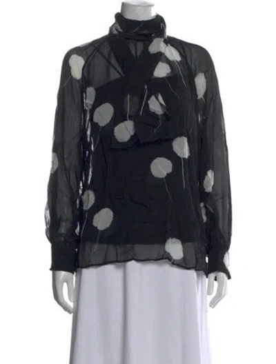 Pre-owned Akris Floral Print Tie Neck Blouse In Black