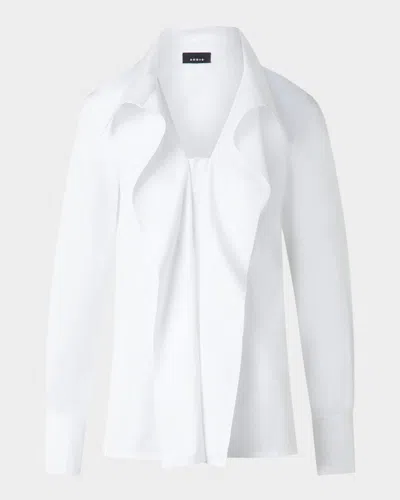 Akris Folding Collar Pleated Cotton Poplin Blouse In Ecru