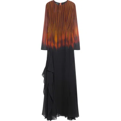 Akris Fuego Print Long Sleeve Silk Crepe Gown In Coffe-vicuna