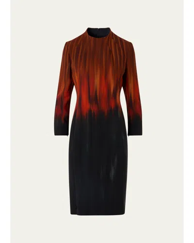 Akris Fuego-print Long-sleeve Wool Double-face Slit Dress In Coffee
