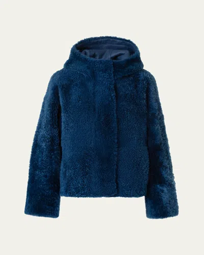 Akris Gracie Lamb Shearling Hooded Jacket In Blue
