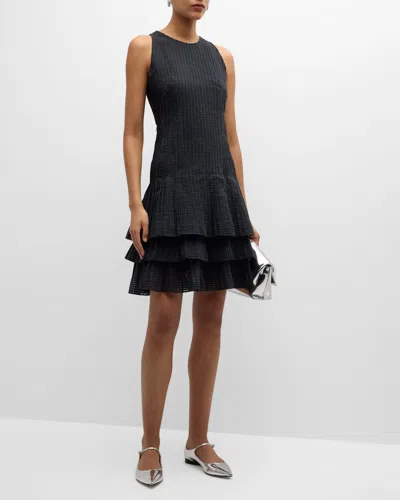 Akris Grid Organza Layered Short Dress In Black