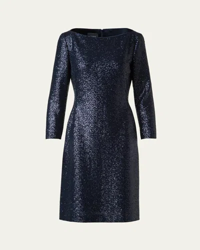 Akris High-neck Sequin Jersey Long-sleeve Dress In Navy
