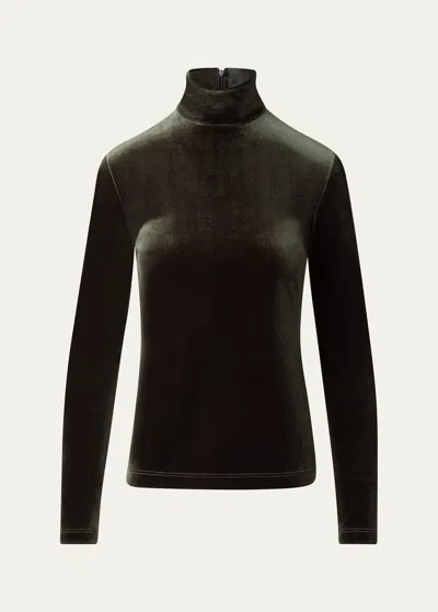 Akris High-neck Stretch Velvet Top In Kale Green