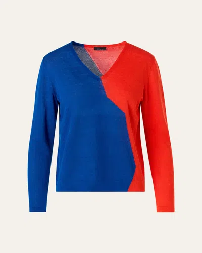 Akris High Plains Linen-wool Knit V-neck Sweater In Blue