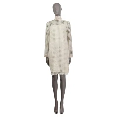 Pre-owned Akris Ivory Wool Open Weave Gauze High Neck Dress 38 M In White