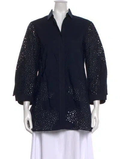 Pre-owned Akris Lace Pattern Three-quarter Sleeve Button-up Top In Blue