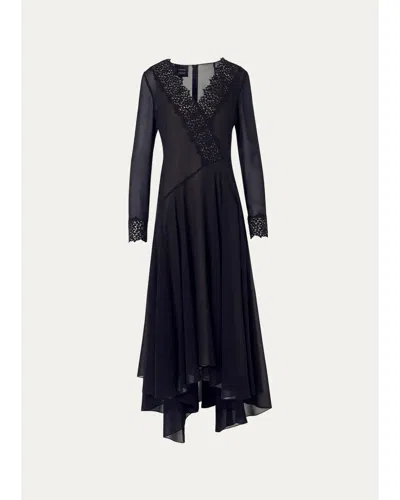 Akris Lace V-neck Silk Georgette Asymmetric Midi Dress In Black