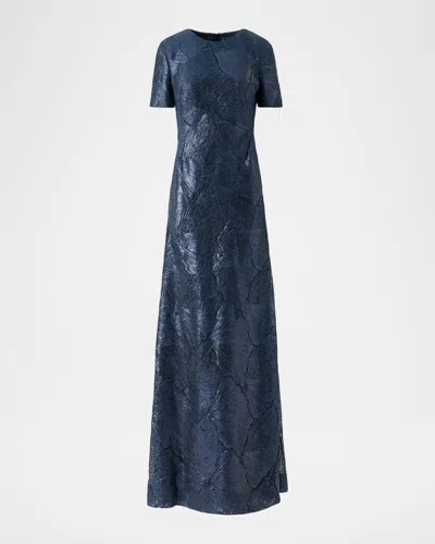 Akris Lacquered Sea Fan Lace Short-sleeve Gown In Blue