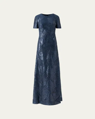 Akris Lacquered Sea Fan Lace Short-sleeve Gown In Blue