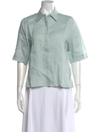 Pre-owned Akris Linen Short Sleeve Button-up Top In Blue