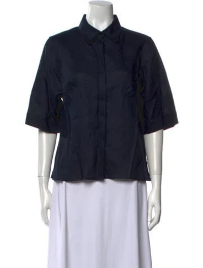 Pre-owned Akris Linen Three-quarter Sleeve Button-up Top In Blue