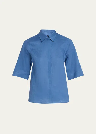 Akris Linen Voile Collared Boxy Shirt In Medium Denim