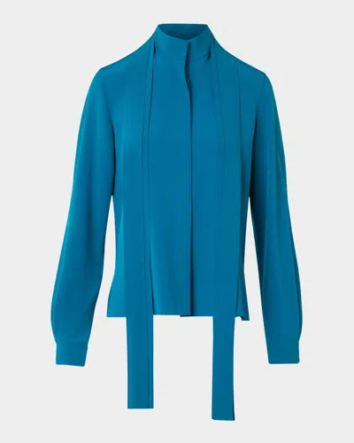Akris Long-sleeve Crepe Blouse With Detachable Scarf In Blue
