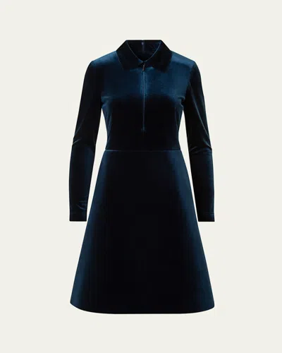 Akris Long-sleeve Neoprene Velvet A-line Shirtdress In Blue