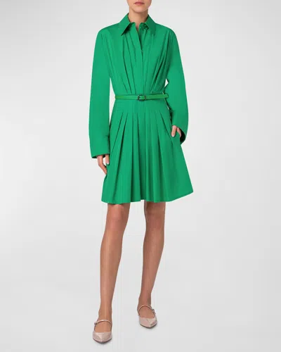 Akris Long-sleeve Pleated Cotton Poplin Shirtdress With Belt In Leaf