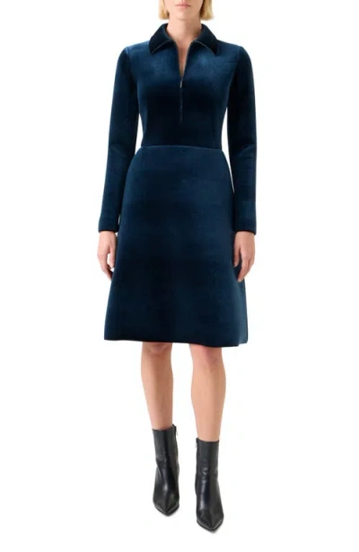Akris Long Sleeve Velvet Neoprene A-line Shirtdress In Blue