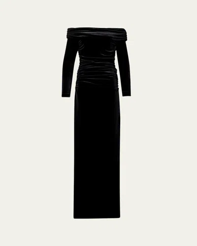 Akris Long Velvet Off-shoulder Ruched Gown In Black