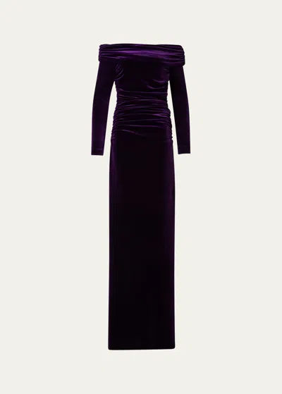 Akris Long Velvet Off-shoulder Ruched Gown In Purple