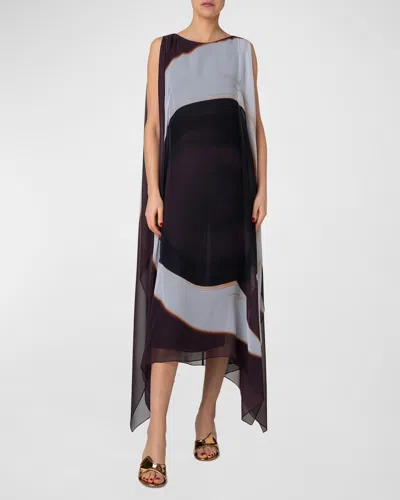 Akris Loop-print Sleeveless Silk Crepe Maxi Caftan Dress In Mocca-greige