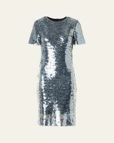 Akris Lucid Sequined Tulle Short-sleeve Dress In Blue