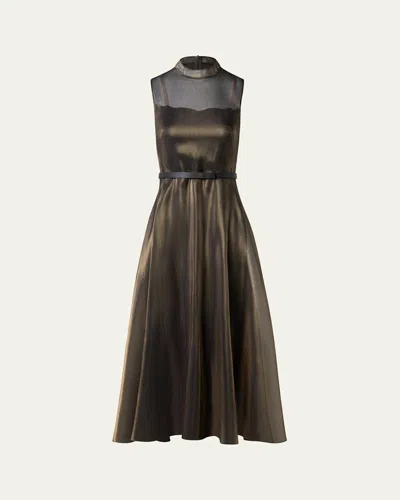 Akris Metallic Organza Sleeveless Midi Dress In Black Gold