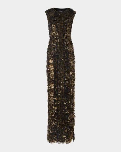 Akris Metallic Organza Tiles Sleeveless Column Gown In Black/gold