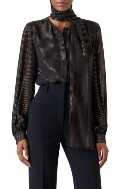 Akris Metallic Stripe Silk Georgette Scarf Button-up Shirt In Black