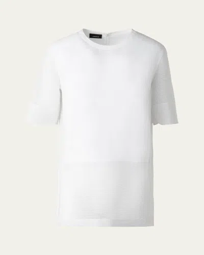 AKRIS MIXED-MEDIA LINEN STRIPED ORGANZA SHORT-SLEEVE BLOUSE