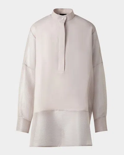 Akris Mixed-media Linen Toile Striped Organza Tunic Blouse In Greige