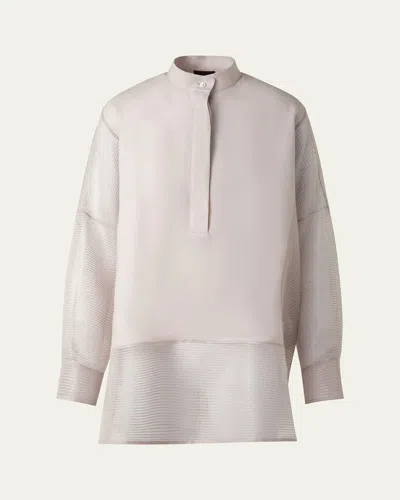 AKRIS MIXED-MEDIA LINEN TOILE STRIPED ORGANZA TUNIC BLOUSE