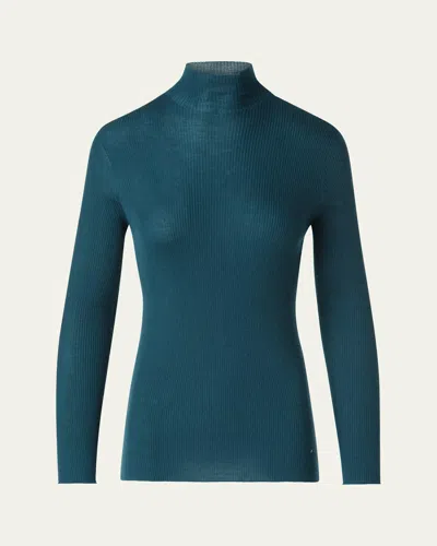 Akris Mock-neck Cashmere-silk Fine Rib Sweater In Green