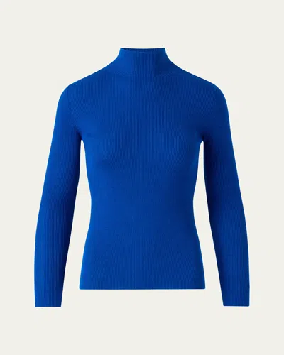 Akris Mock-neck Cashmere-silk Fine Rib Sweater In Blue
