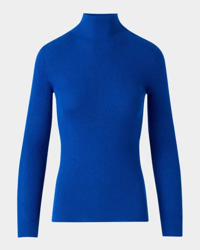 Akris Mock-neck Cashmere-silk Fine Rib Sweater In Blue