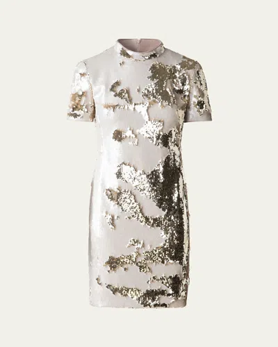 Akris Mock-neck Short-sleeve Sequin Mini Dress In Ecru Gold