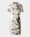 Akris Mock-neck Short-sleeve Sequin Mini Dress In Greige-gold