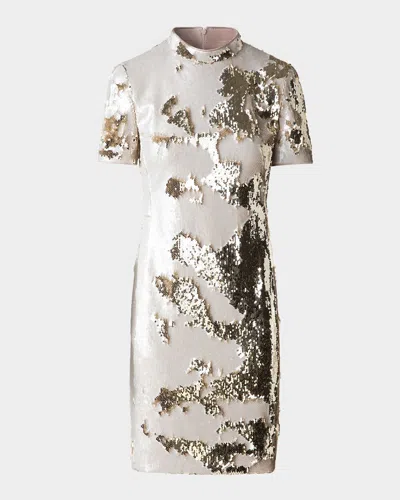 AKRIS MOCK-NECK SHORT-SLEEVE SEQUIN MINI DRESS