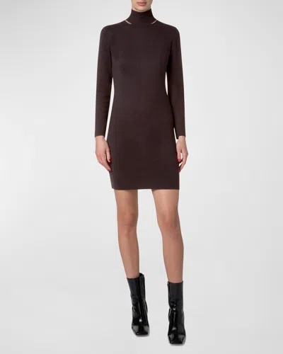 Akris Mock-neck Slits Long-sleeve Knit Mini Dress In Mocca