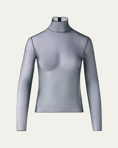 Akris Mock-neck Stretch Tulle Fitted Long-sleeve Shirt In Gray